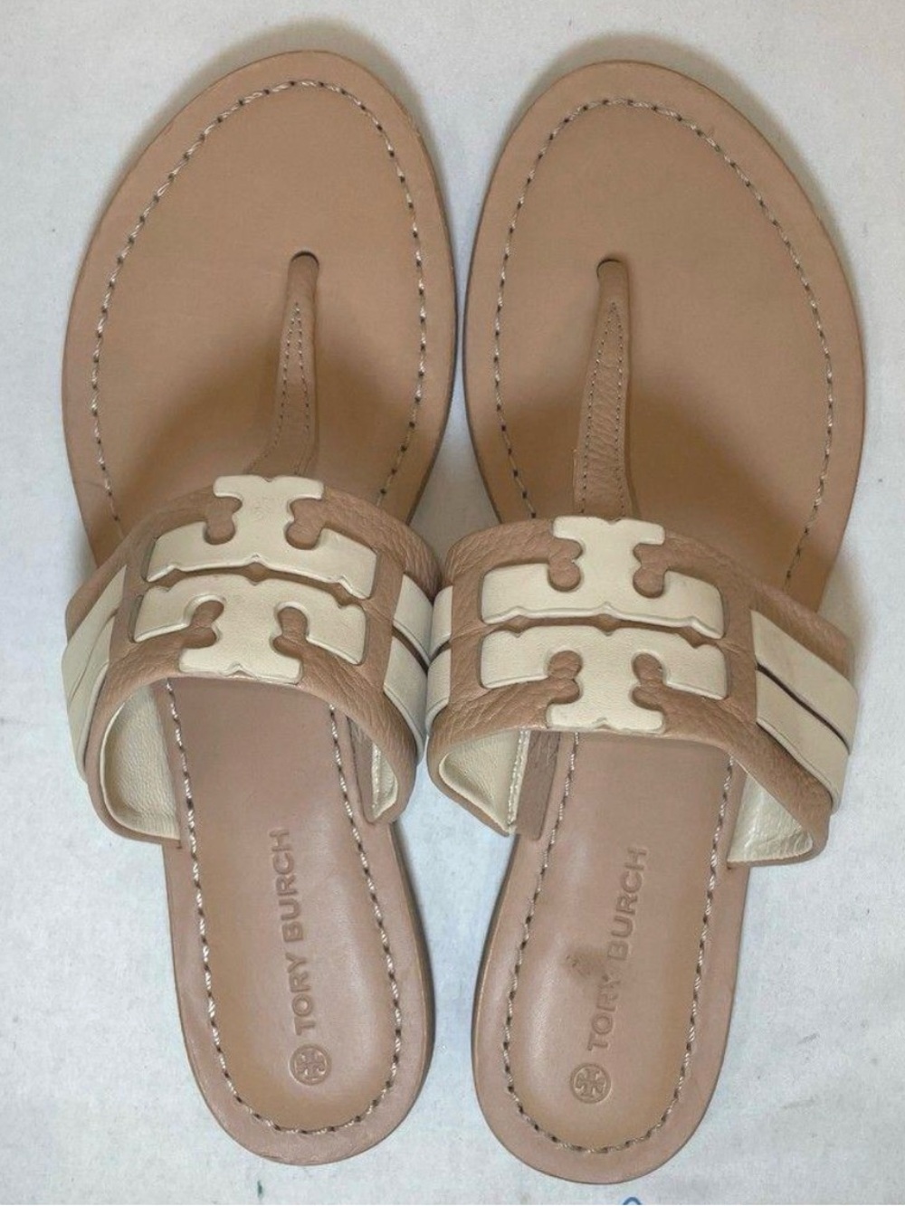 Tory Burch Tan and Cream Logo Miller Thong Sandals